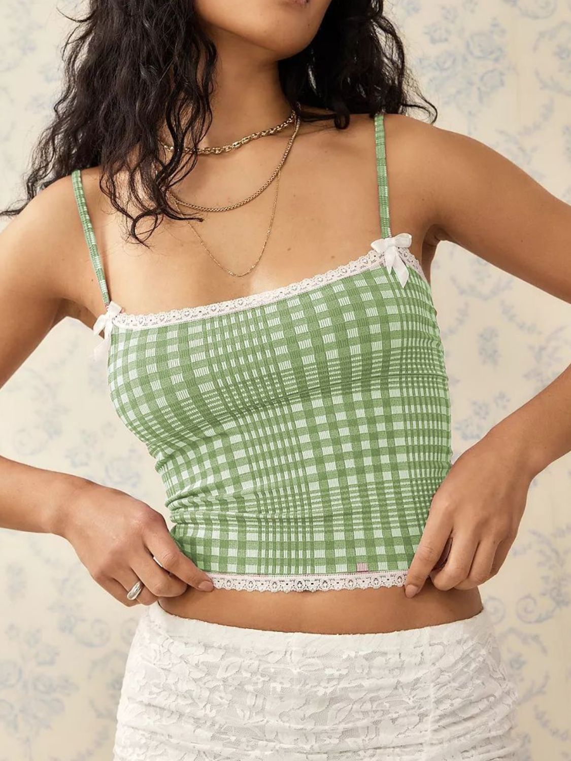 Lace Detail Plaid Square Neck Cami - The Goddess Galleries