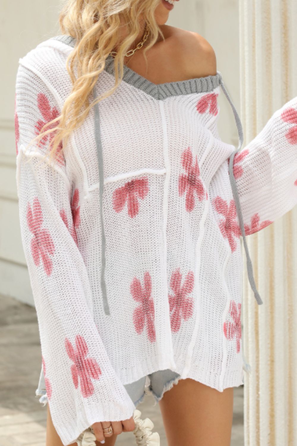 Drawstring Flower Hooded Knit Top - The Goddess Galleries