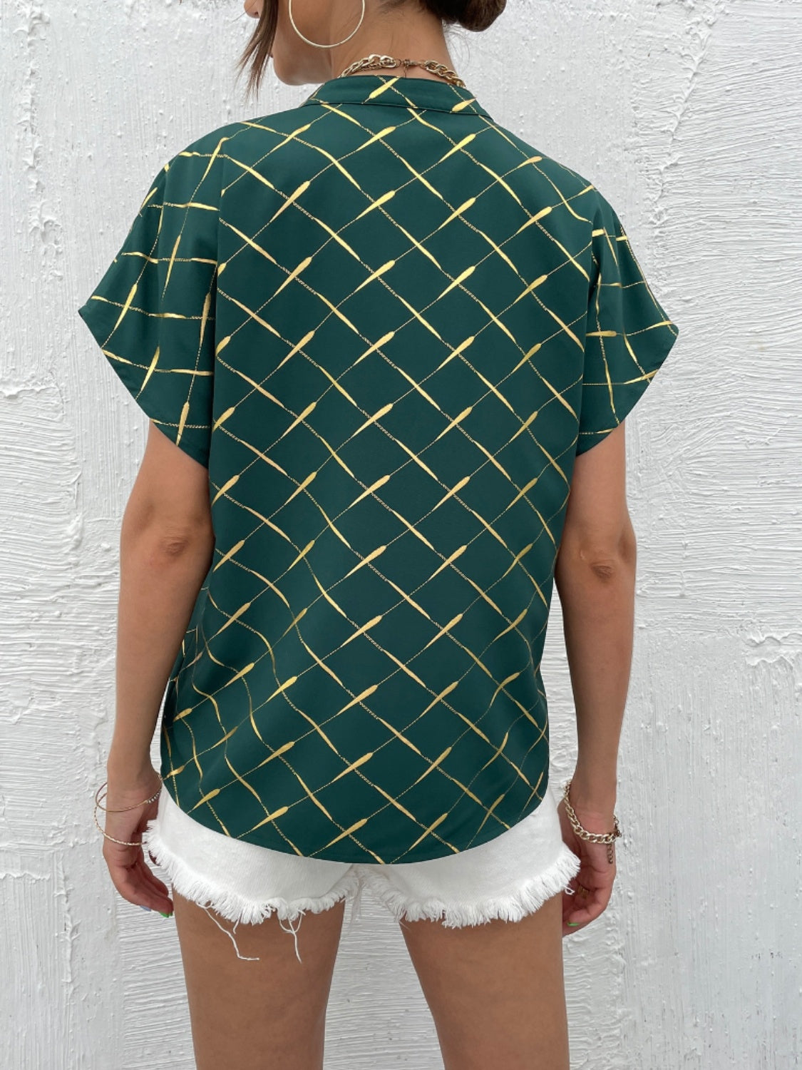 Printed Notched Short Sleeve Blouse - The Goddess Galleries