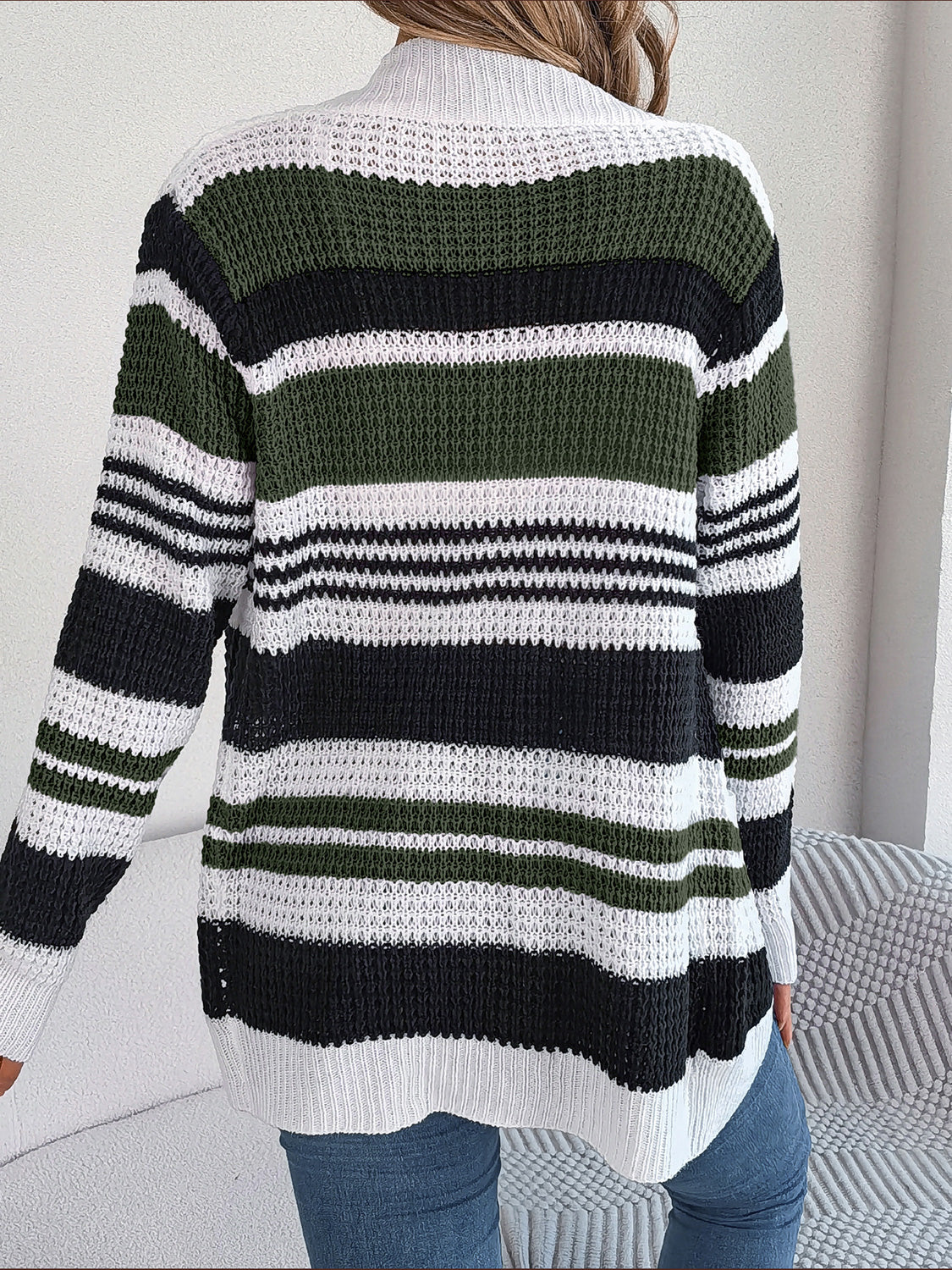Striped Open Front Long Sleeve Cardigan - The Goddess Galleries