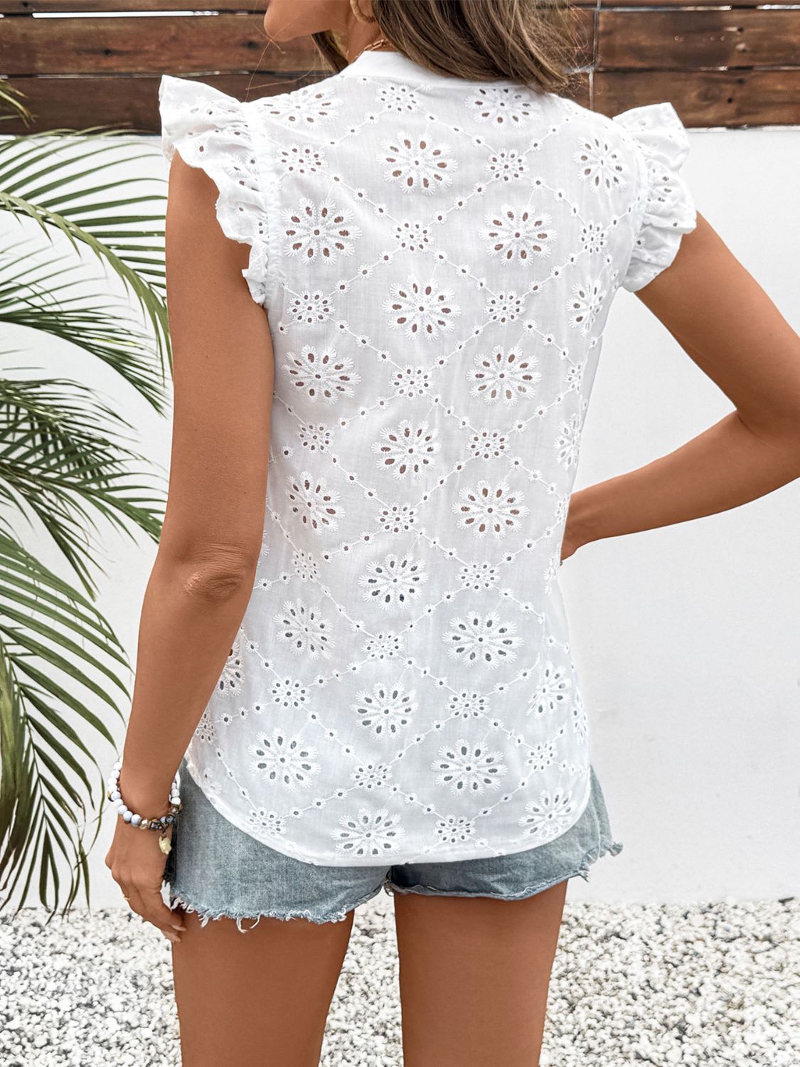 Perfee Eyelet Notched Ruffled Cap Sleeve Blouse - The Goddess Galleries