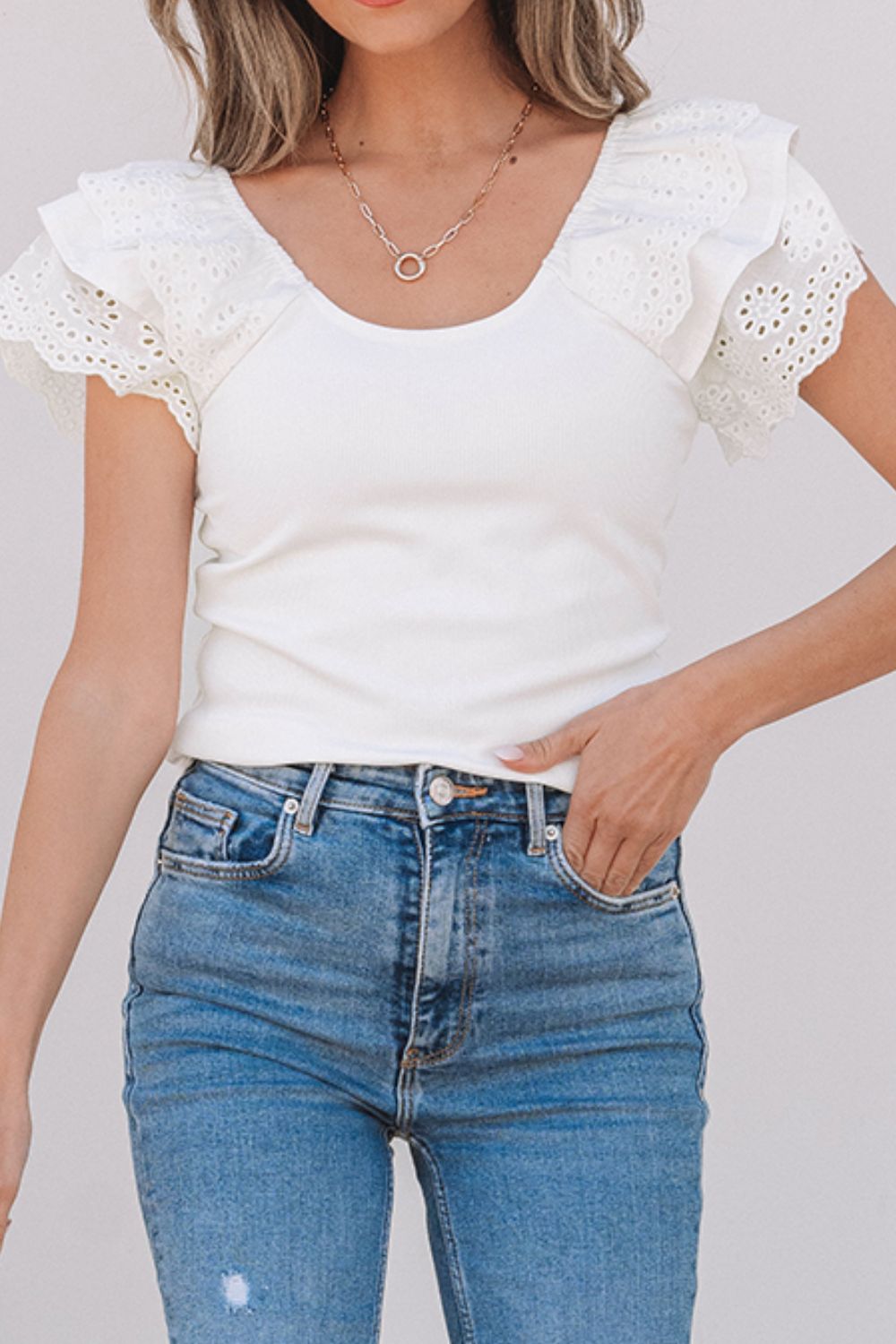 Eyelet Ruffle Sleeve Slim Top - The Goddess Galleries