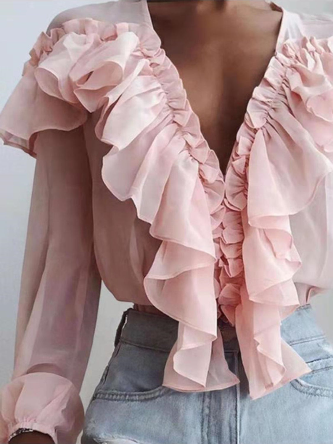 Ruffled V-Neck Long Sleeve Blouse - The Goddess Galleries