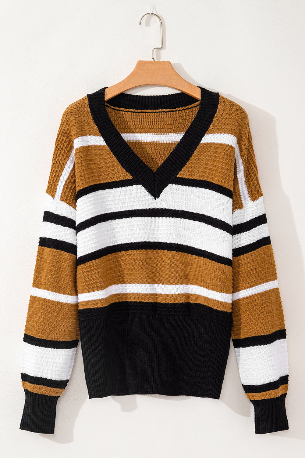 Contrast Stripes V Neck Long Sleeve Sweater - The Goddess Galleries