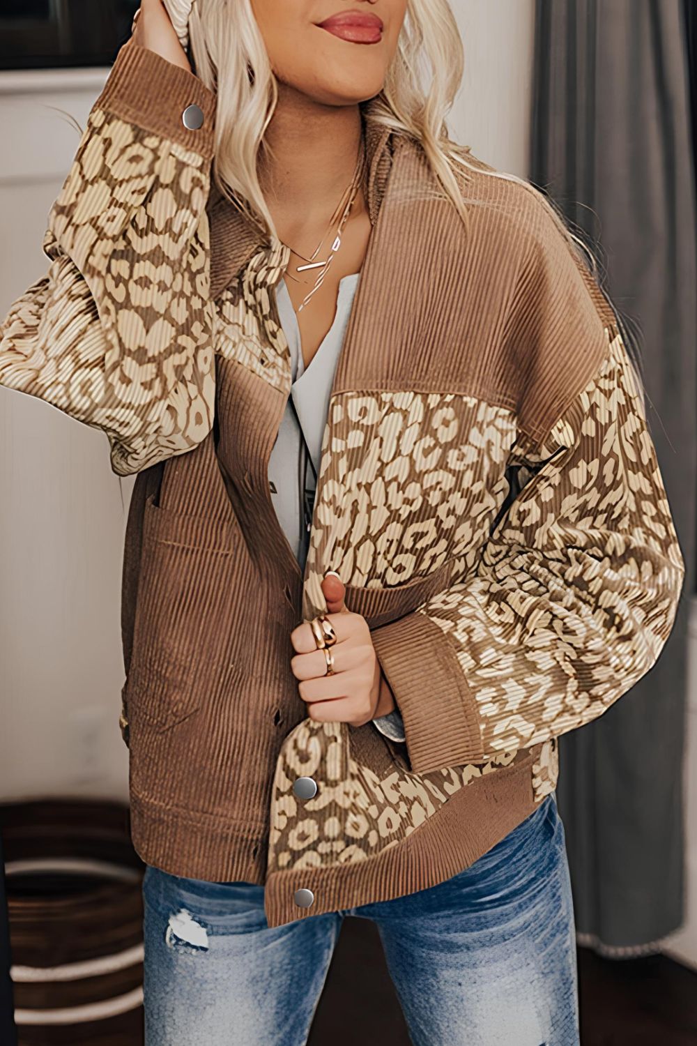 Leopard Button Up Drop Shoulder Jacket - The Goddess Galleries