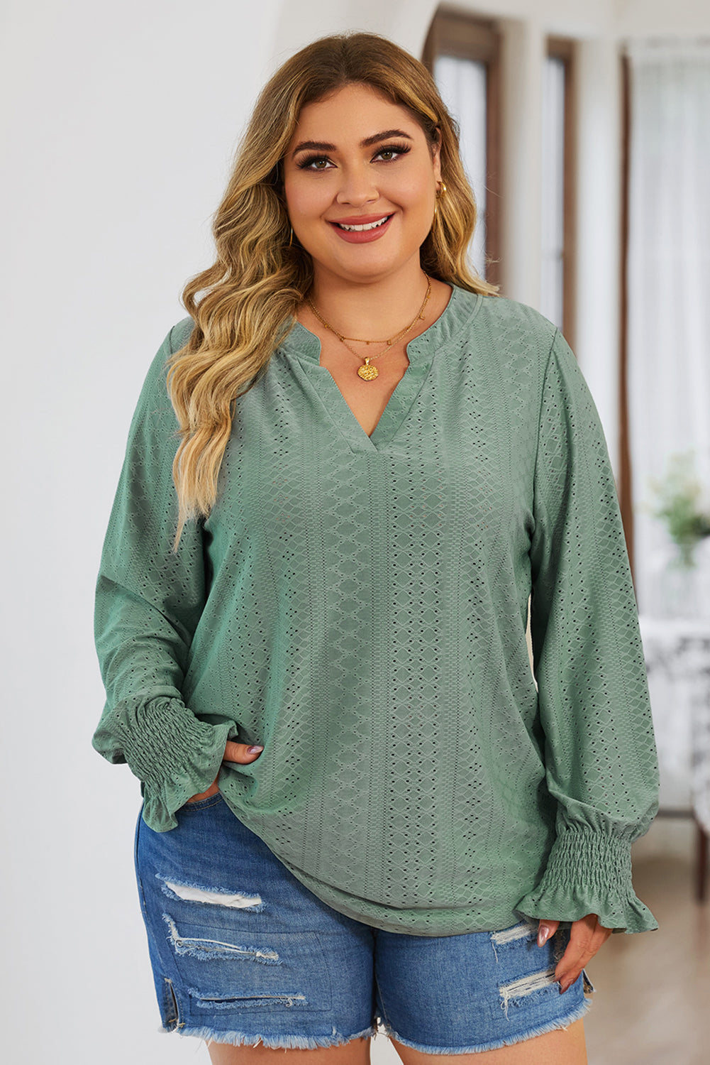 Plus Size Eyelet Notched Flounce Sleeve Blouse - The Goddess Galleries