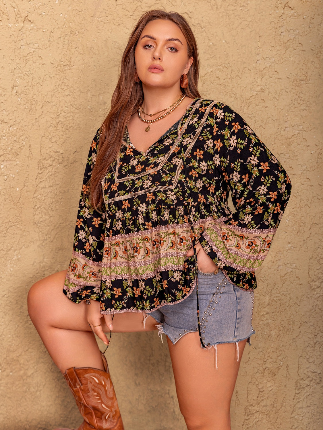 Plus Size Printed Tie Neck Balloon Sleeve Blouse - The Goddess Galleries