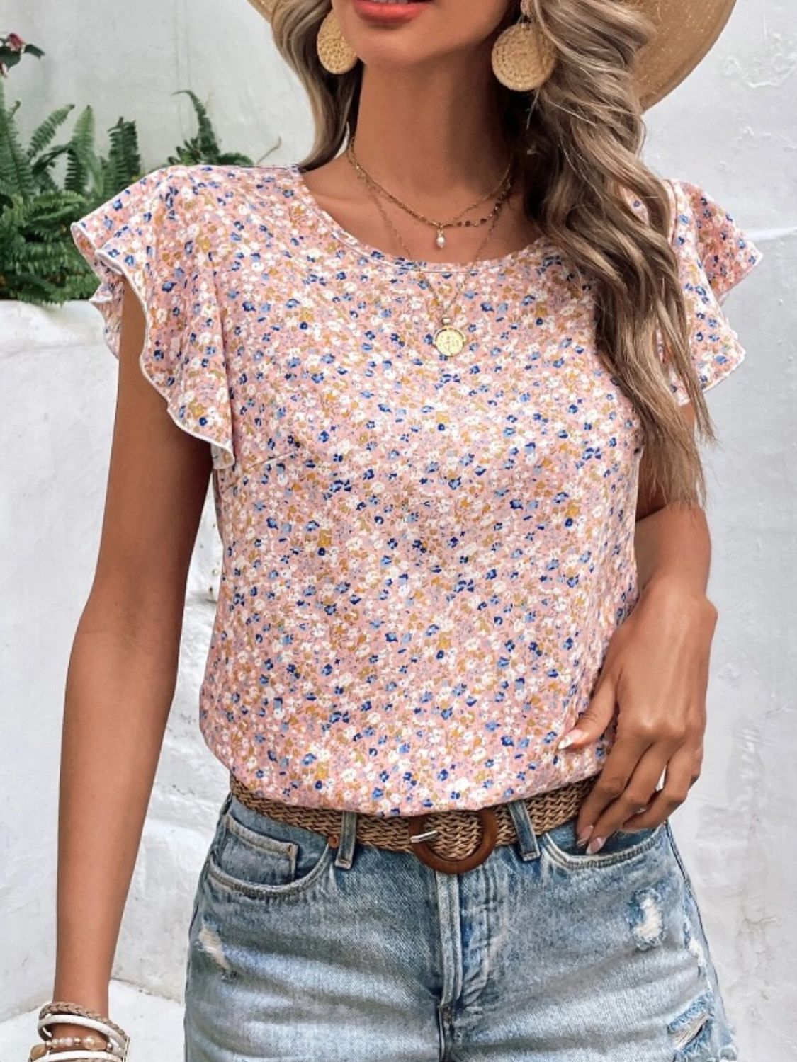 Ditsy Floral Round Neck Cap Sleeve Top - The Goddess Galleries
