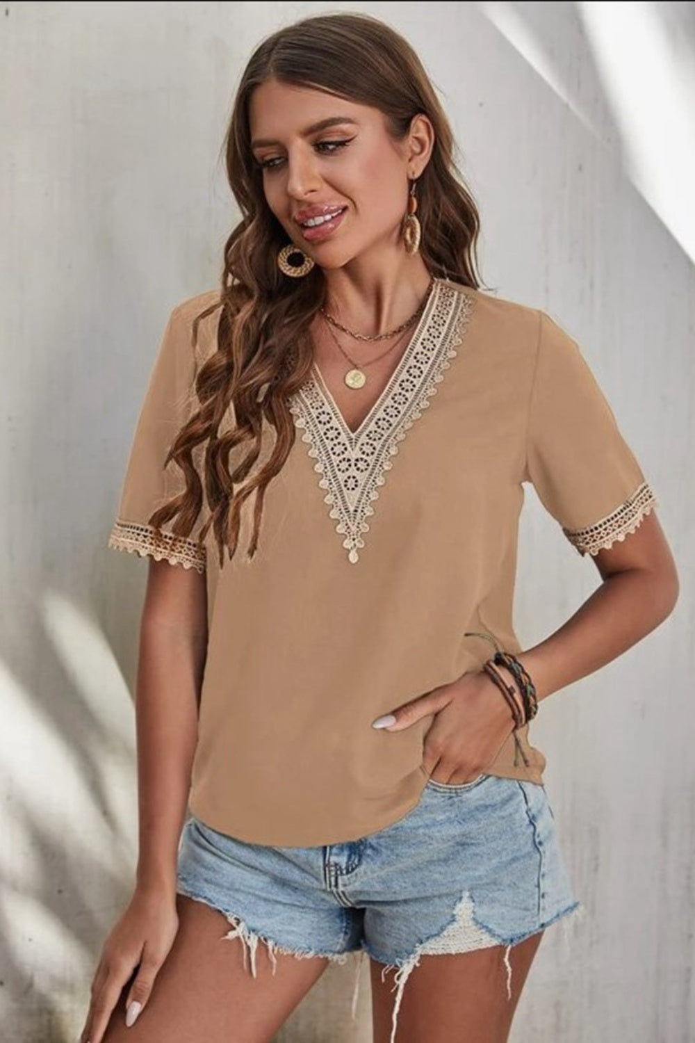 Full Size Lace Detail V-Neck Short Sleeve Blouse - The Goddess Galleries