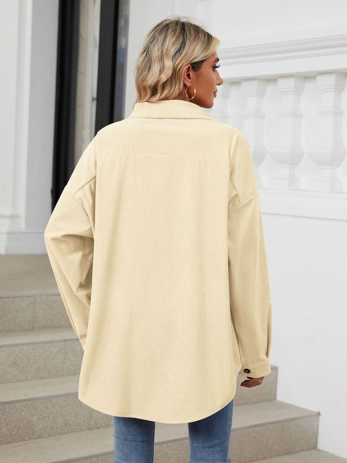 Collared Neck Long Sleeve Dropped Shoulder Shirt - The Goddess Galleries