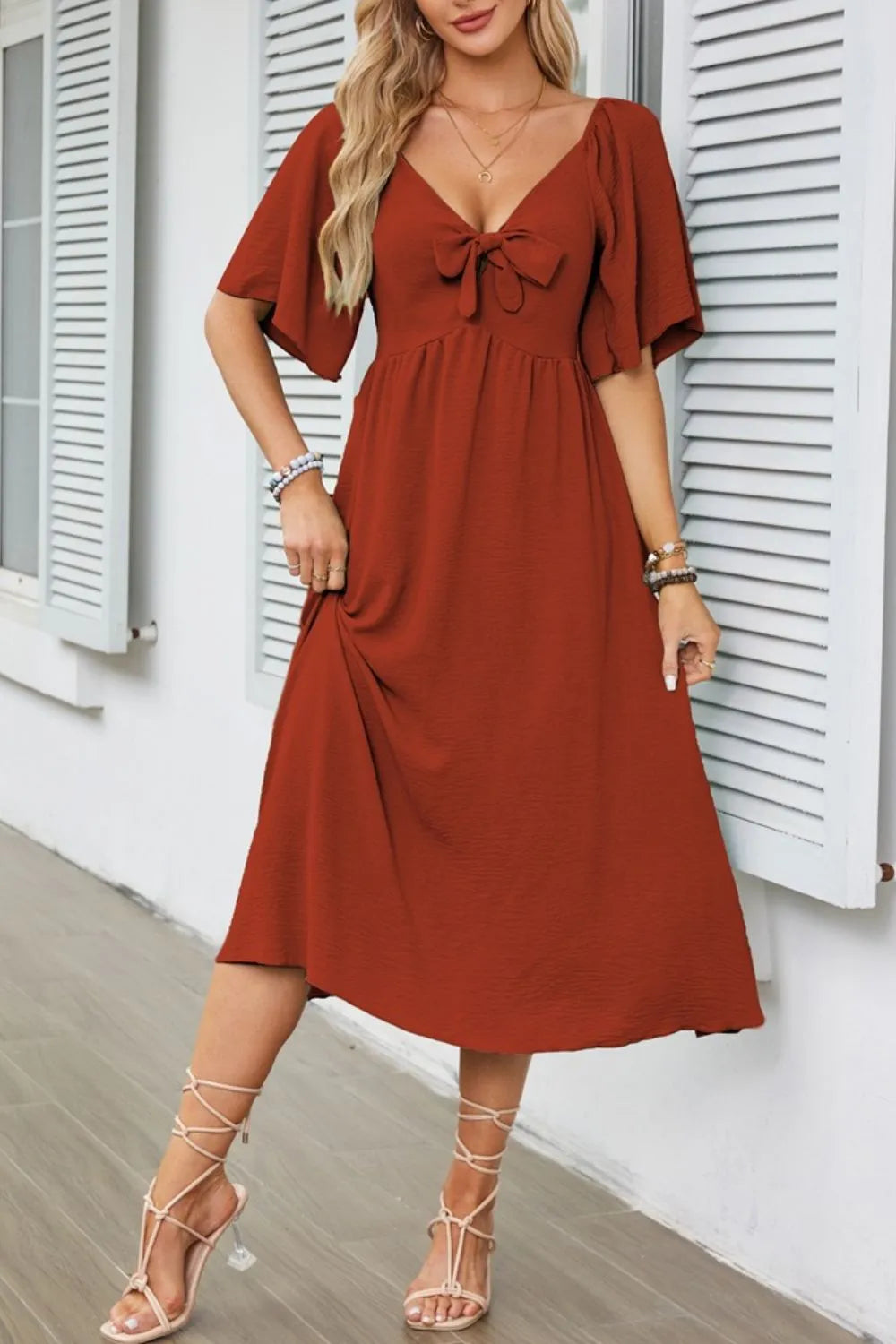 Smocked Tie Front Flutter Sleeve Midi Dress - The Goddess Galleries
