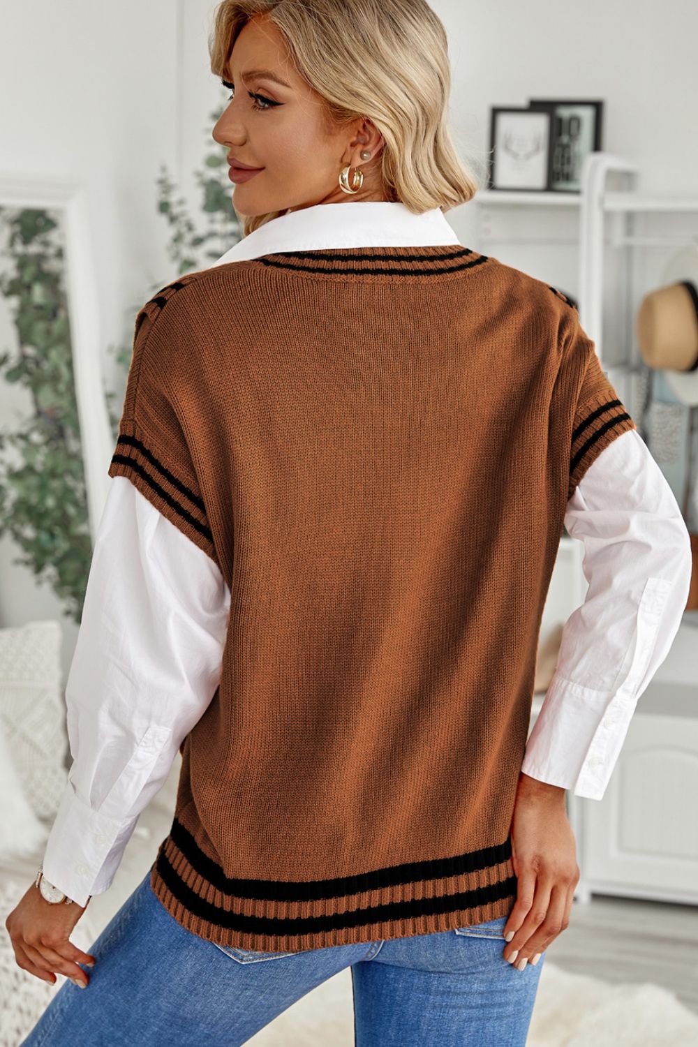 Striped Trim V-Neck Sweater Vest - The Goddess Galleries