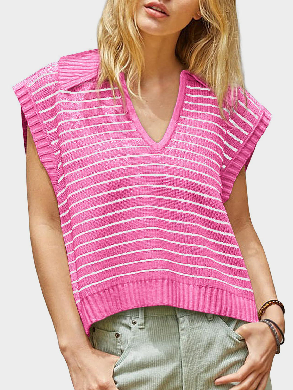 Mandy Collared Neck Striped Sweater Vest - The Goddess Galleries