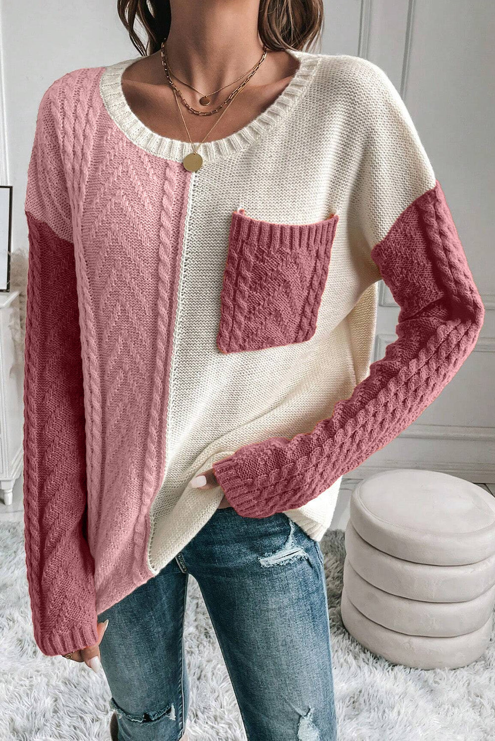 Color Block Round Neck Long Sleeve Sweater - The Goddess Galleries