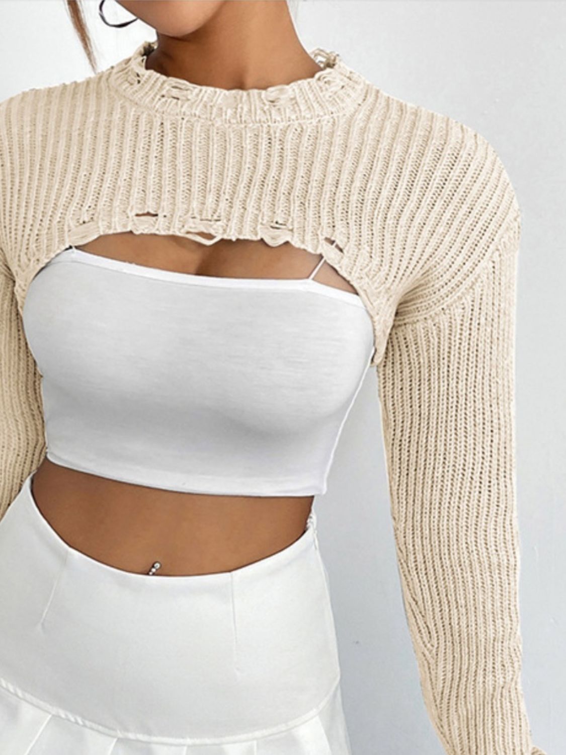 Distressed Long Sleeve Cropped Sweater - The Goddess Galleries