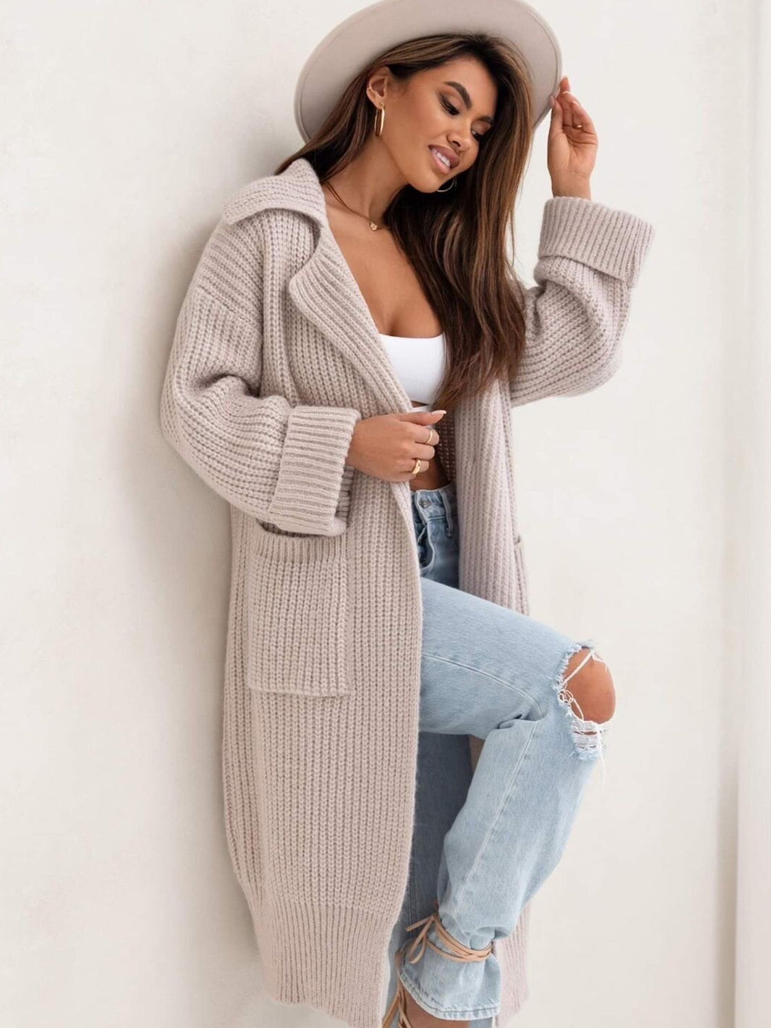 Pocketed Collared Neck Dropped Shoulder Cardigan - The Goddess Galleries