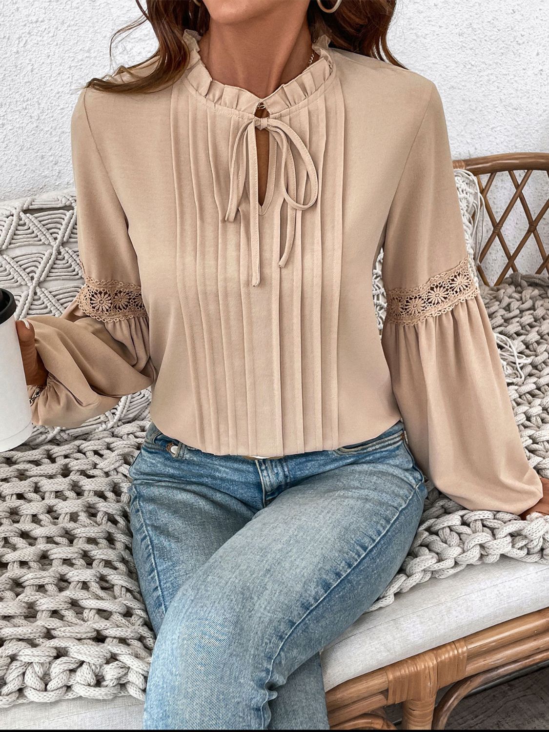 Perfee Frill Tie Neck Long Sleeve Blouse - The Goddess Galleries