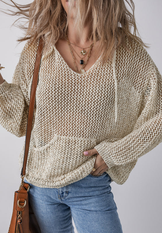 Openwork Dropped Shoulder Hooded Knit Top - The Goddess Galleries