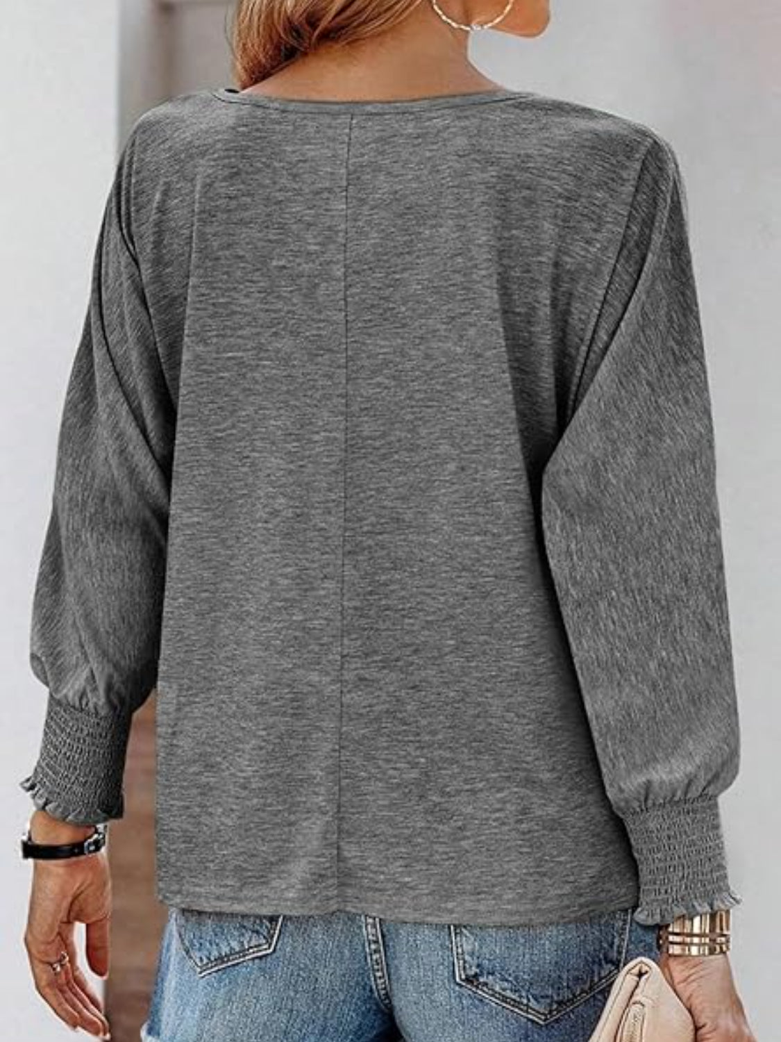 Round Neck Smocked Lantern Sleeve T-Shirt - The Goddess Galleries