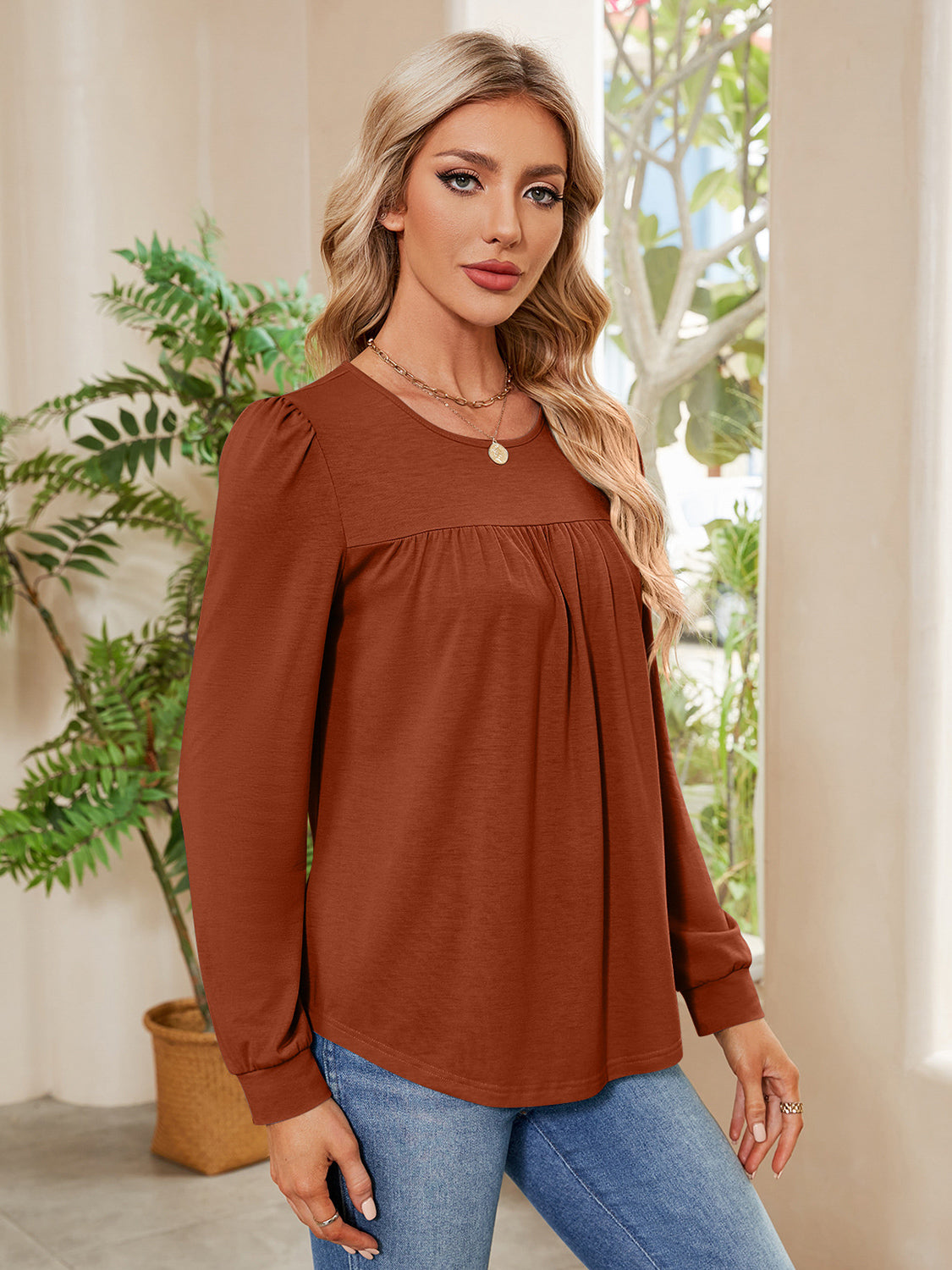 Ruched Round Neck Long Sleeve Blouse - The Goddess Galleries
