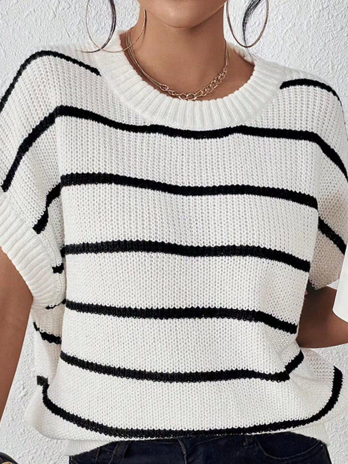 Striped Round Neck Short Sleeve Knit Top - The Goddess Galleries