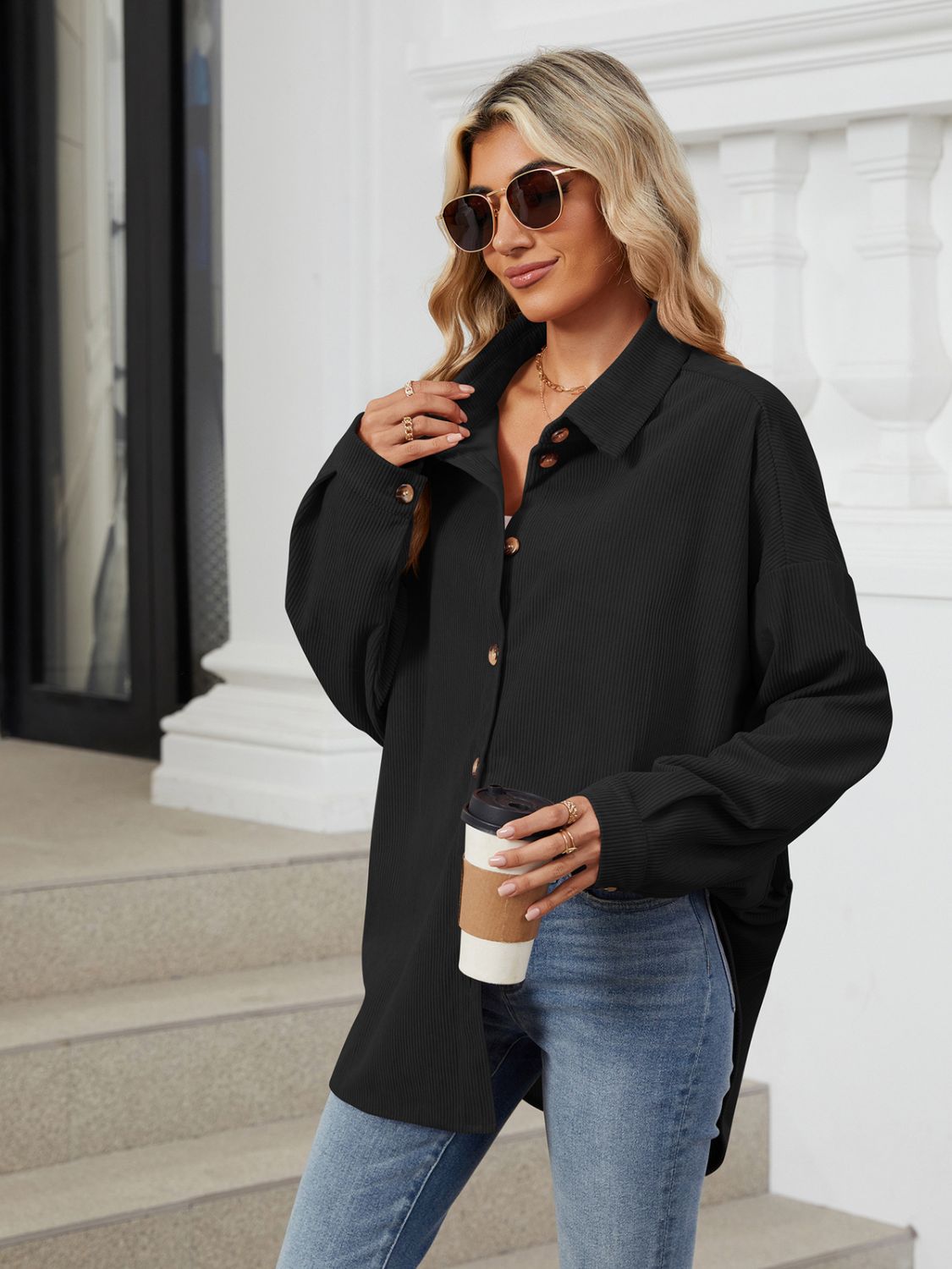 Collared Neck Long Sleeve Dropped Shoulder Shirt - The Goddess Galleries