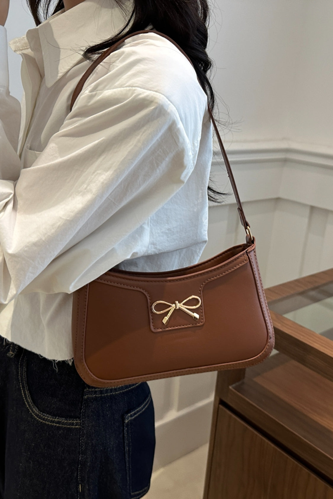 Bow Trim PU Leather Shoulder Bag - The Goddess Galleries