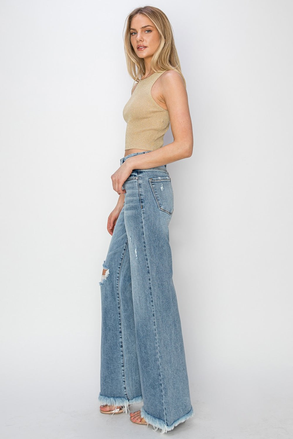 RISEN Mid Rise Button Fly Wide Leg Jeans - The Goddess Galleries