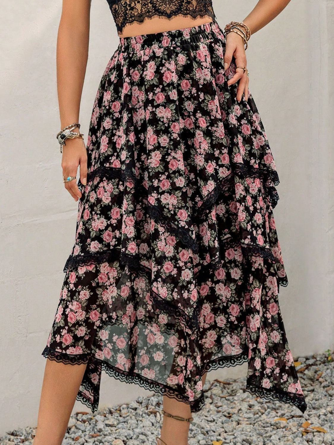 Lace Detail Layered Printed Skirt - The Goddess Galleries
