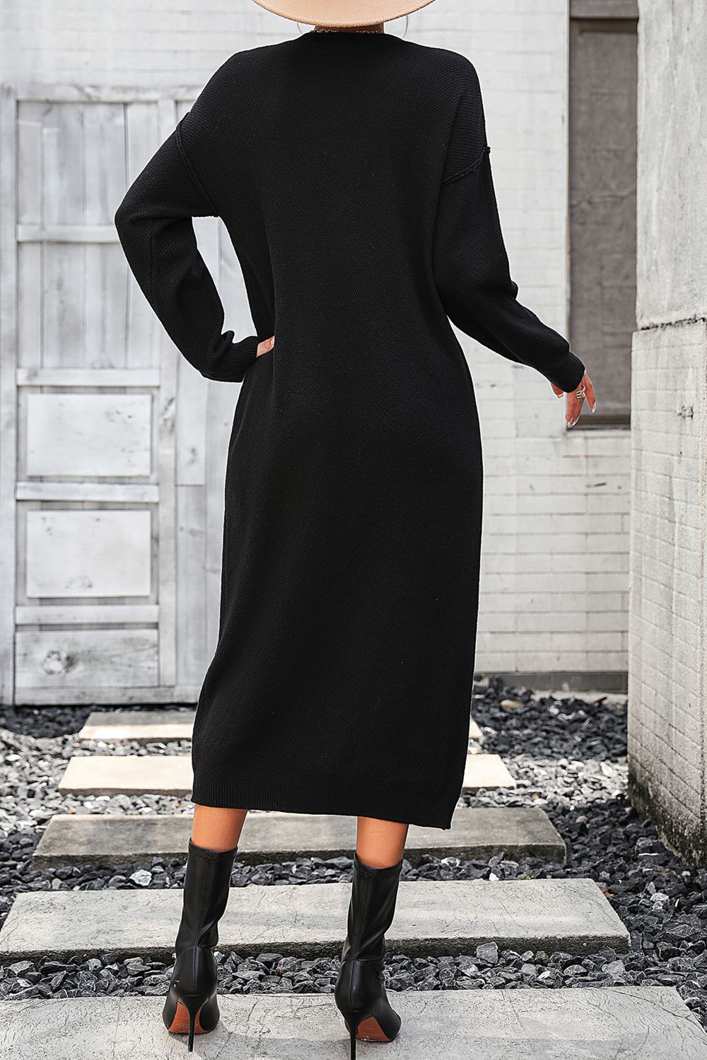 Decorative Button Notched Dropped Shoulder Sweater Dress - The Goddess Galleries