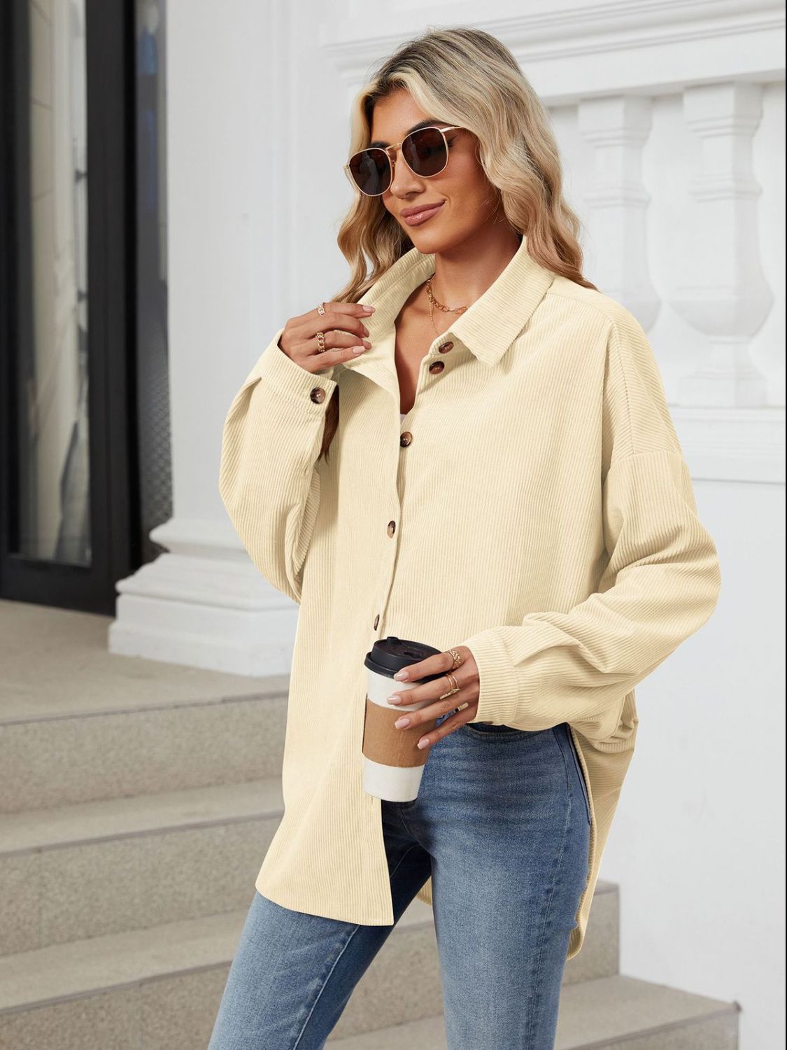 Collared Neck Long Sleeve Dropped Shoulder Shirt - The Goddess Galleries