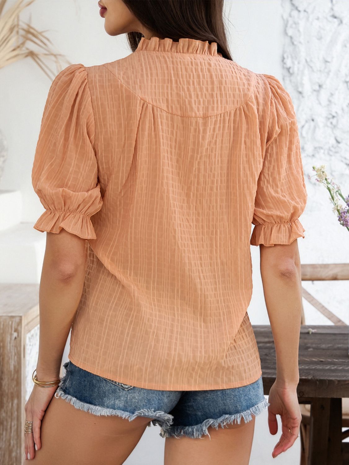 Devine Frill Notched Short Sleeve Blouse - The Goddess Galleries