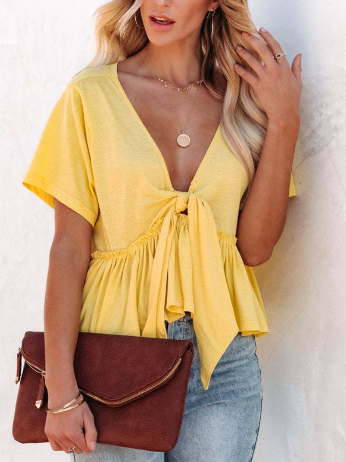 Tied Plunge Short Sleeve Blouse - The Goddess Galleries