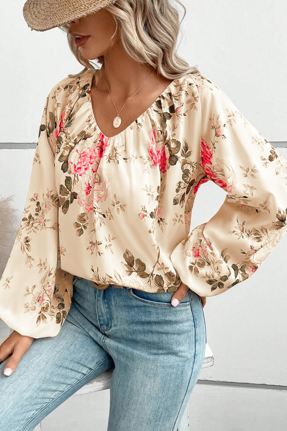 Floral V-Neck Balloon Sleeve Blouse - The Goddess Galleries