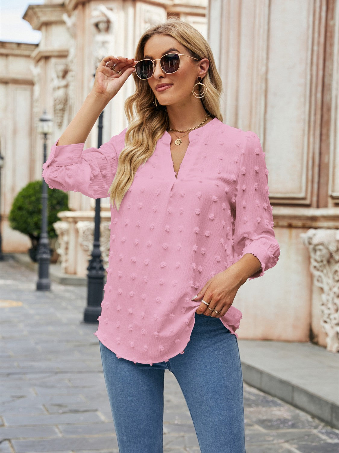 Swiss Dot Notched Neck Blouse - The Goddess Galleries