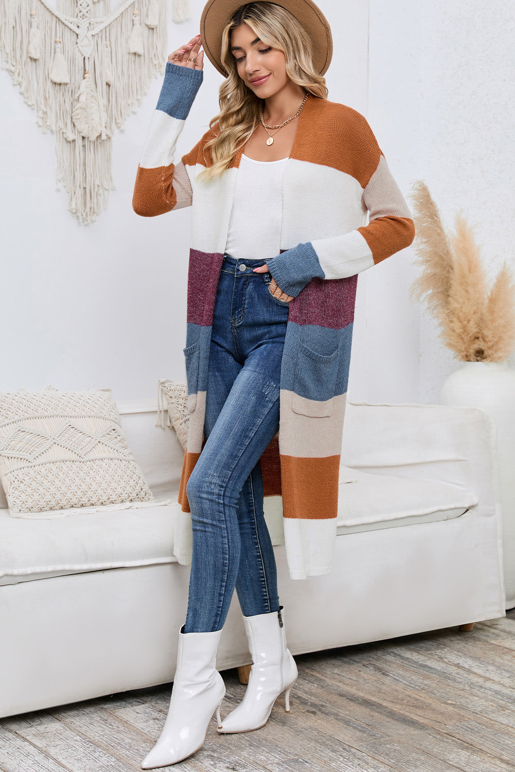 Long Color Block Open Front Pocketed Cardigan - The Goddess Galleries