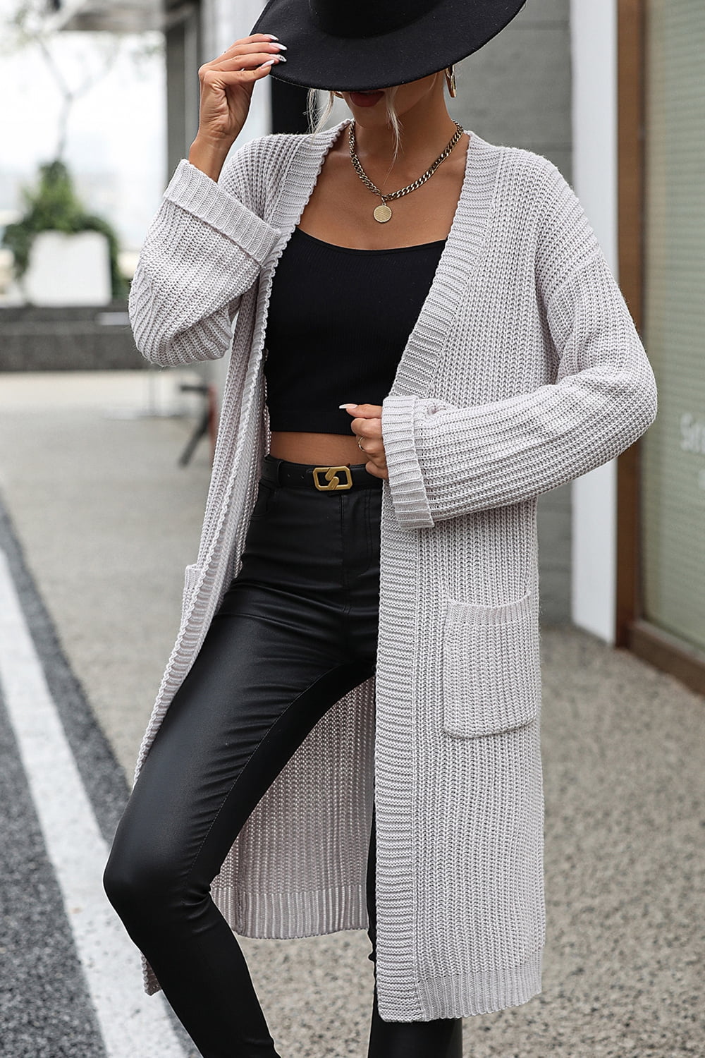 Dropped Shoulder Long Sleeve Cardigan with Pocket - The Goddess Galleries