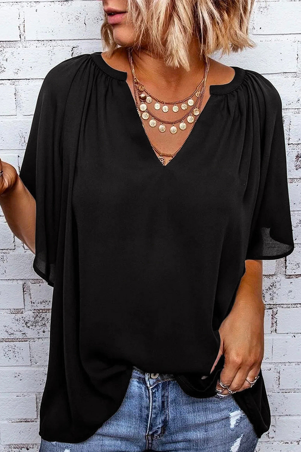 Gathered Detail Notched Neck Flutter Sleeve Top - The Goddess Galleries