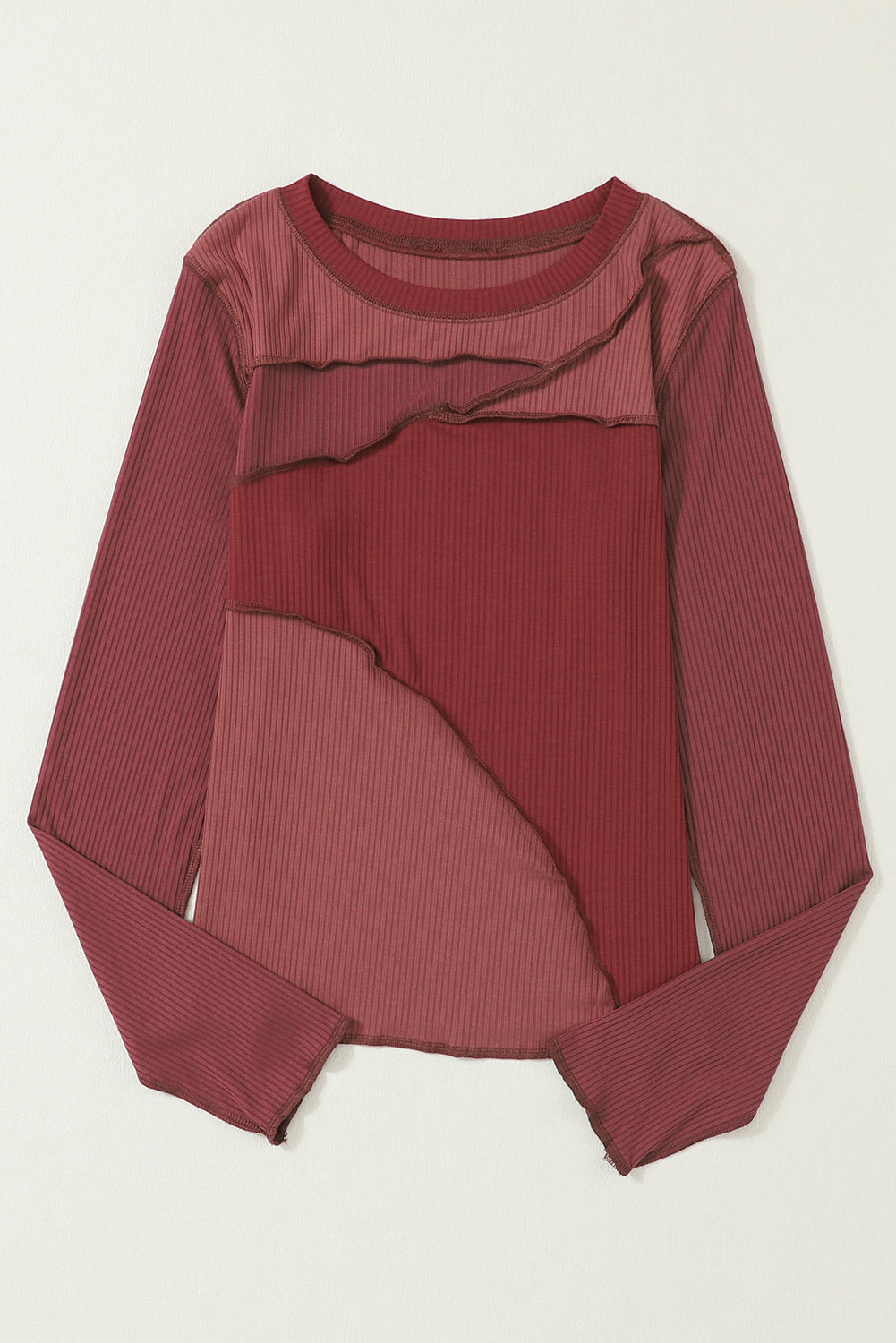 Exposed Seam Contrast Round Neck Long Sleeve T-Shirt - The Goddess Galleries
