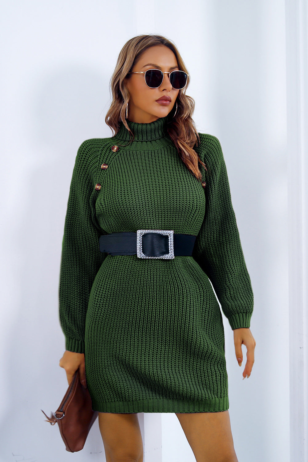 Buttoned Turtleneck Long Sleeve Sweater Dress - The Goddess Galleries