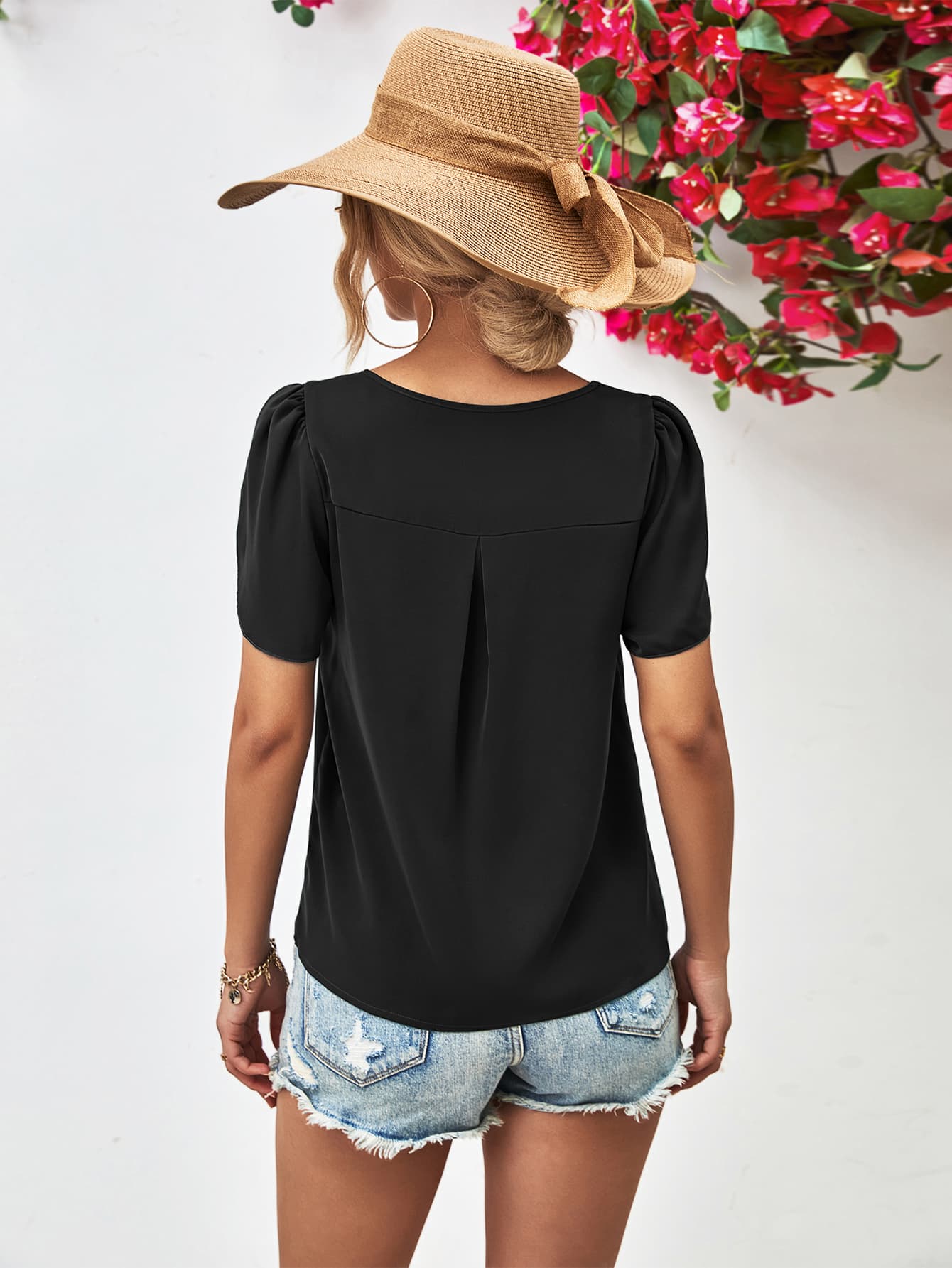Cutout Round Neck Petal Sleeve Blouse - The Goddess Galleries