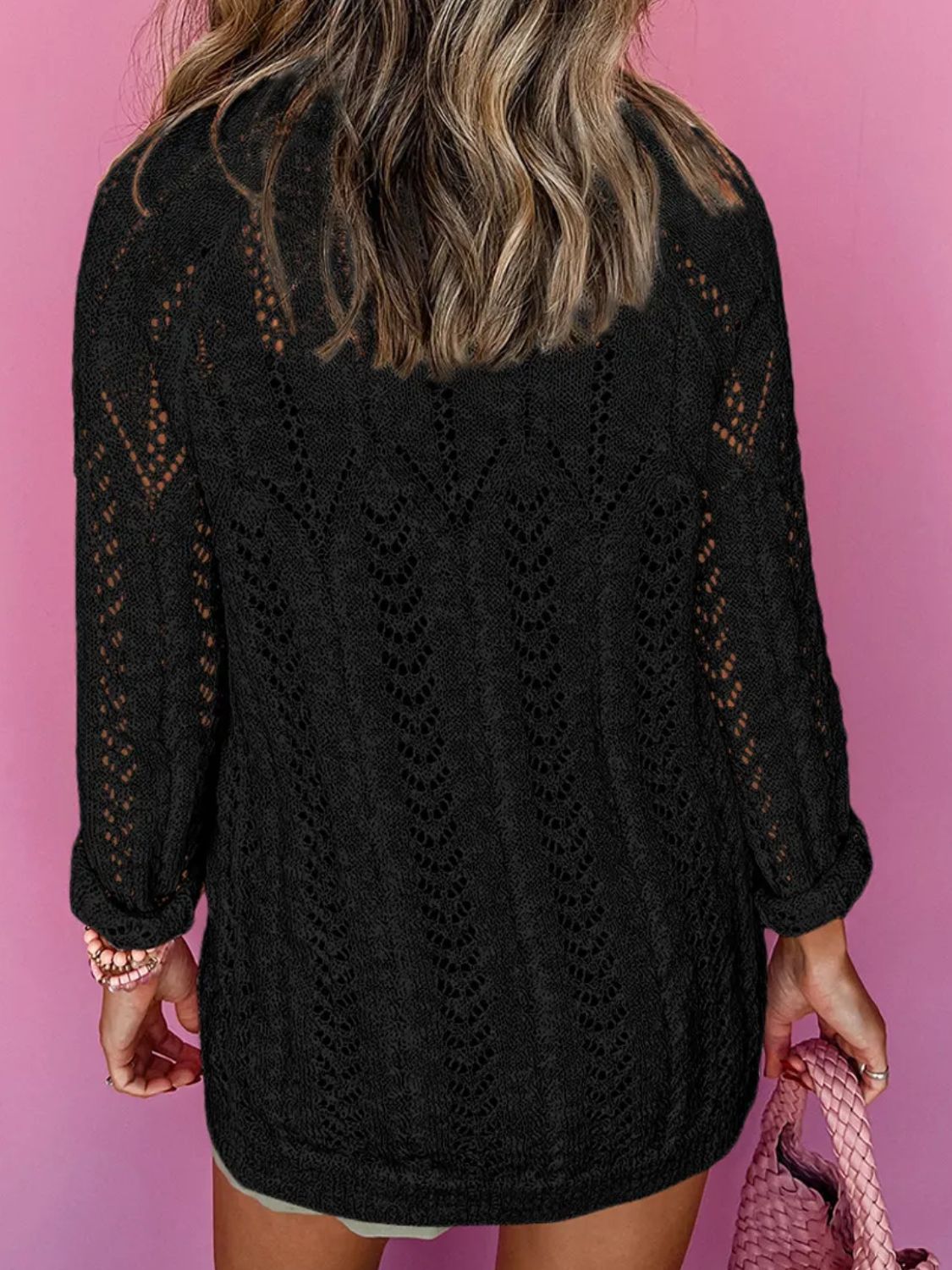 Openwork Open Front Long Sleeve Cardigan - The Goddess Galleries