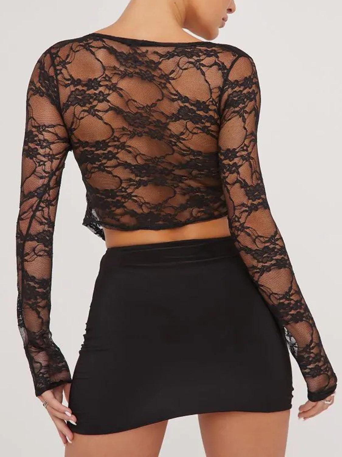 Tied Plunge Long Sleeve Lace Cropped Shirt - The Goddess Galleries