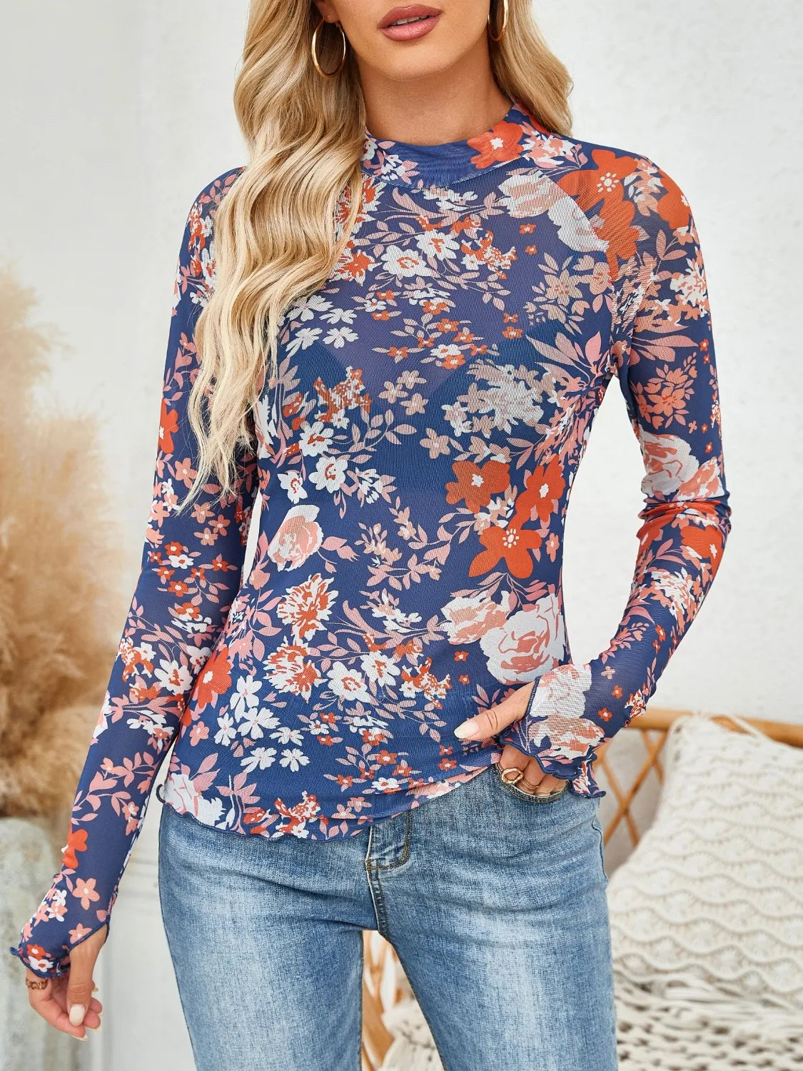 Floral Mock Neck Long Sleeve Top - The Goddess Galleries