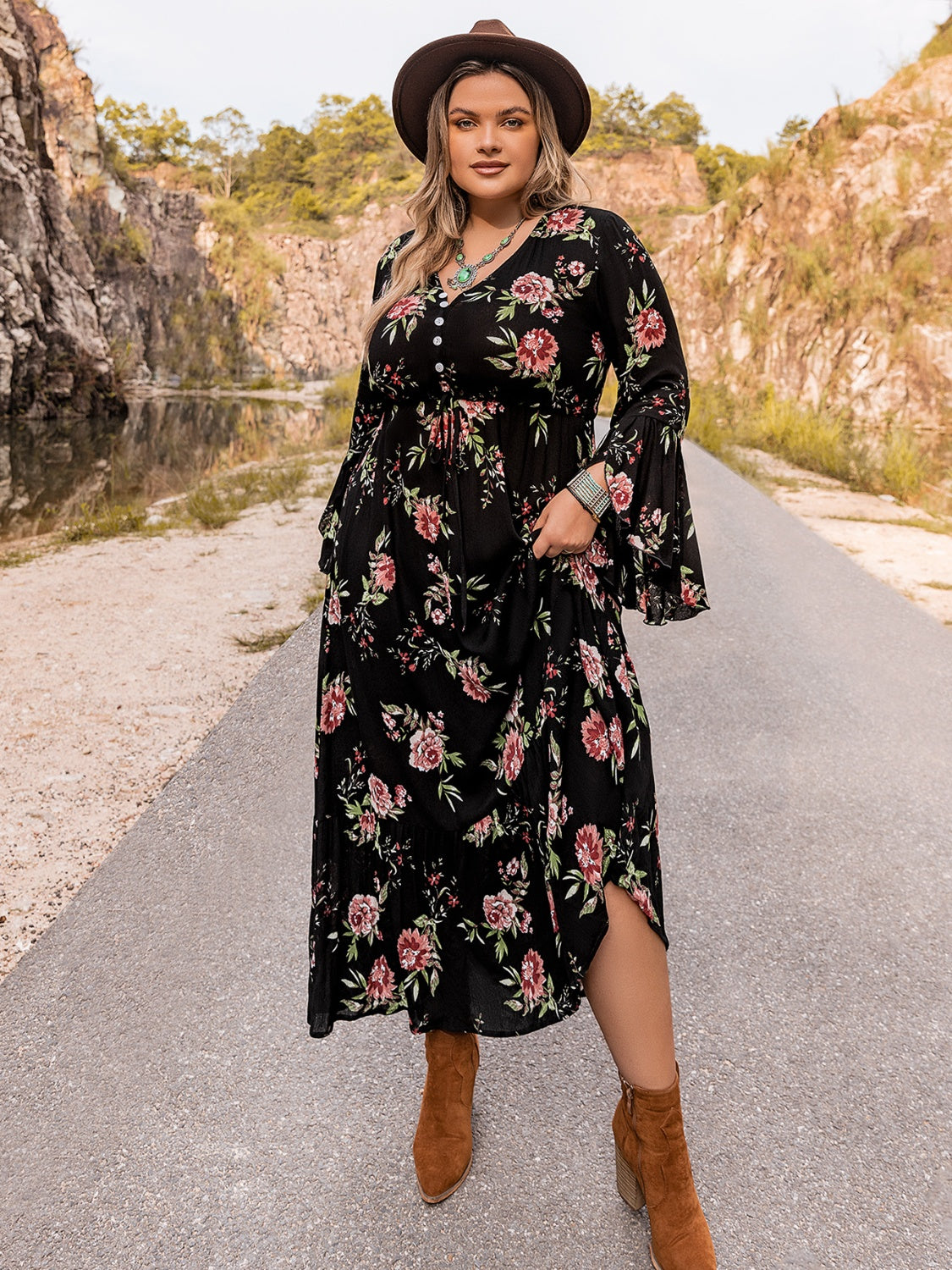 Plus Size Floral Flare Sleeve Dress - The Goddess Galleries