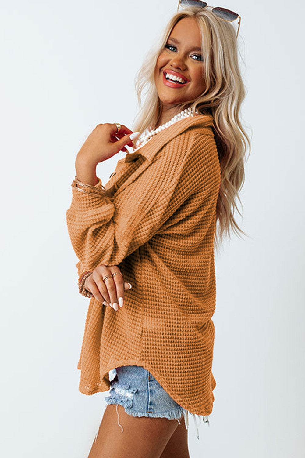 Waffle-Knit Collared Neck Long Sleeve Shirt - The Goddess Galleries