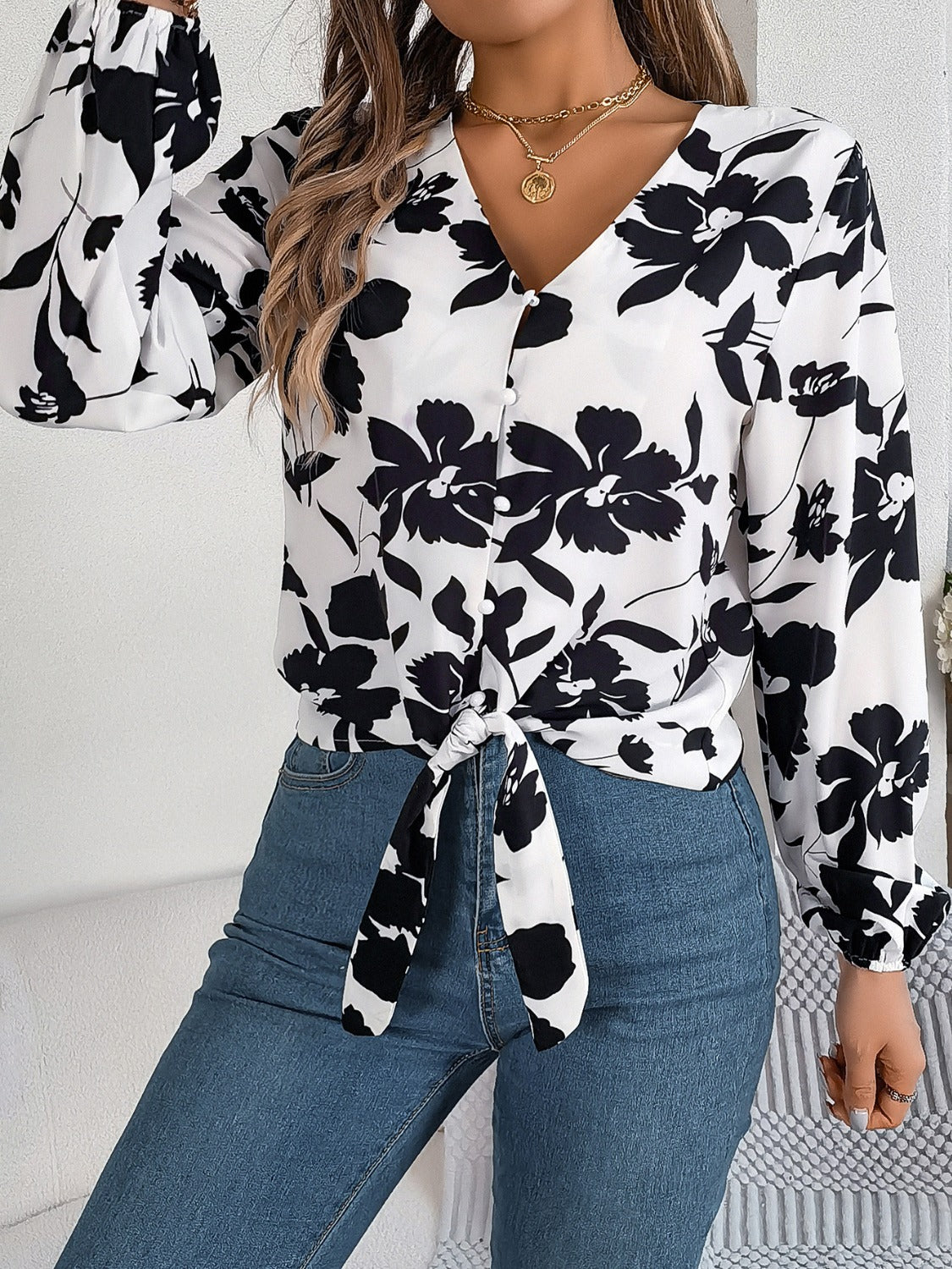Printed V-Neck Long Sleeve Blouse - The Goddess Galleries