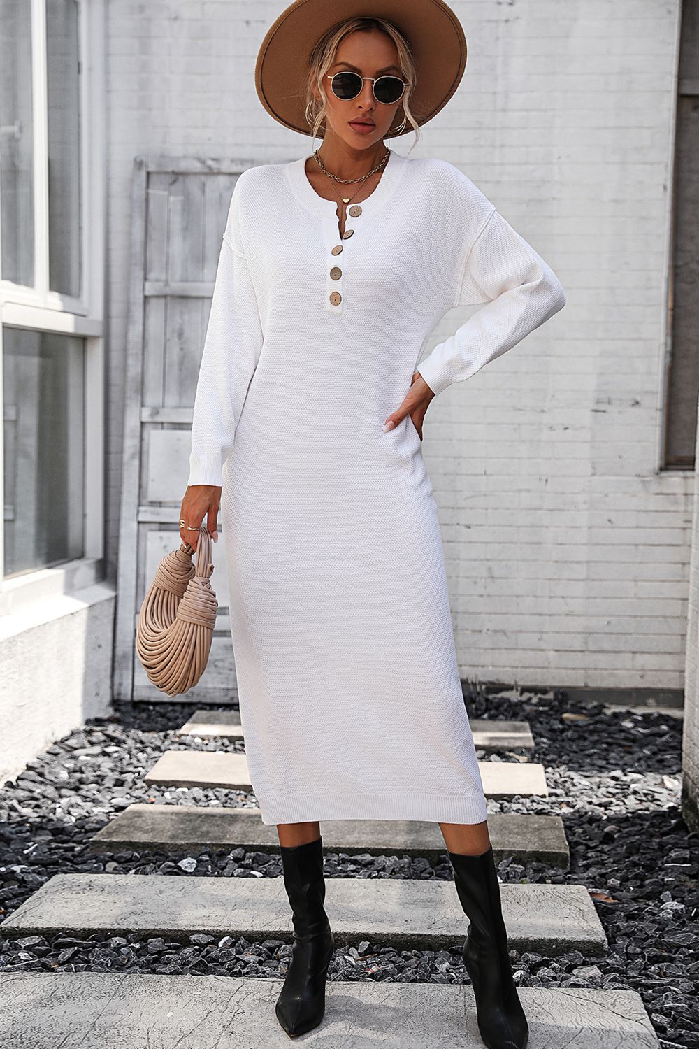 Decorative Button Notched Dropped Shoulder Sweater Dress - The Goddess Galleries