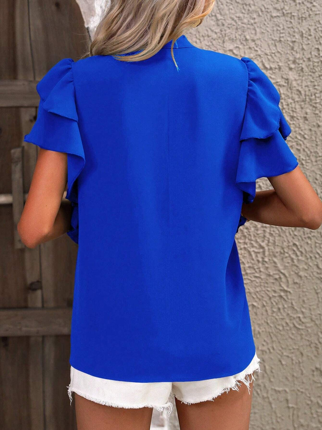 Ruffled Notched Short Sleeve Blouse - The Goddess Galleries