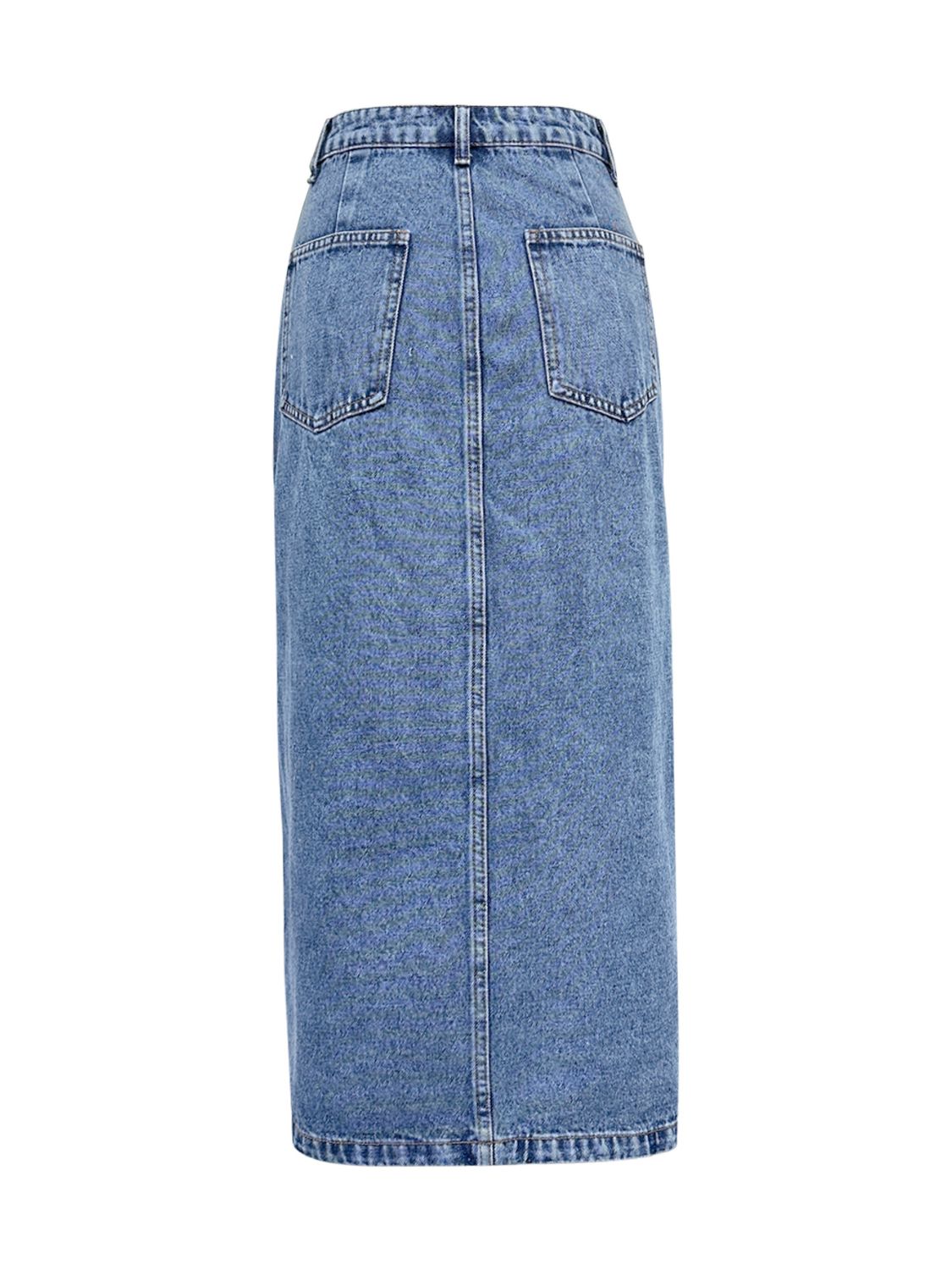 Slit Asymmetrical Waistband Midi Denim Skirt - The Goddess Galleries